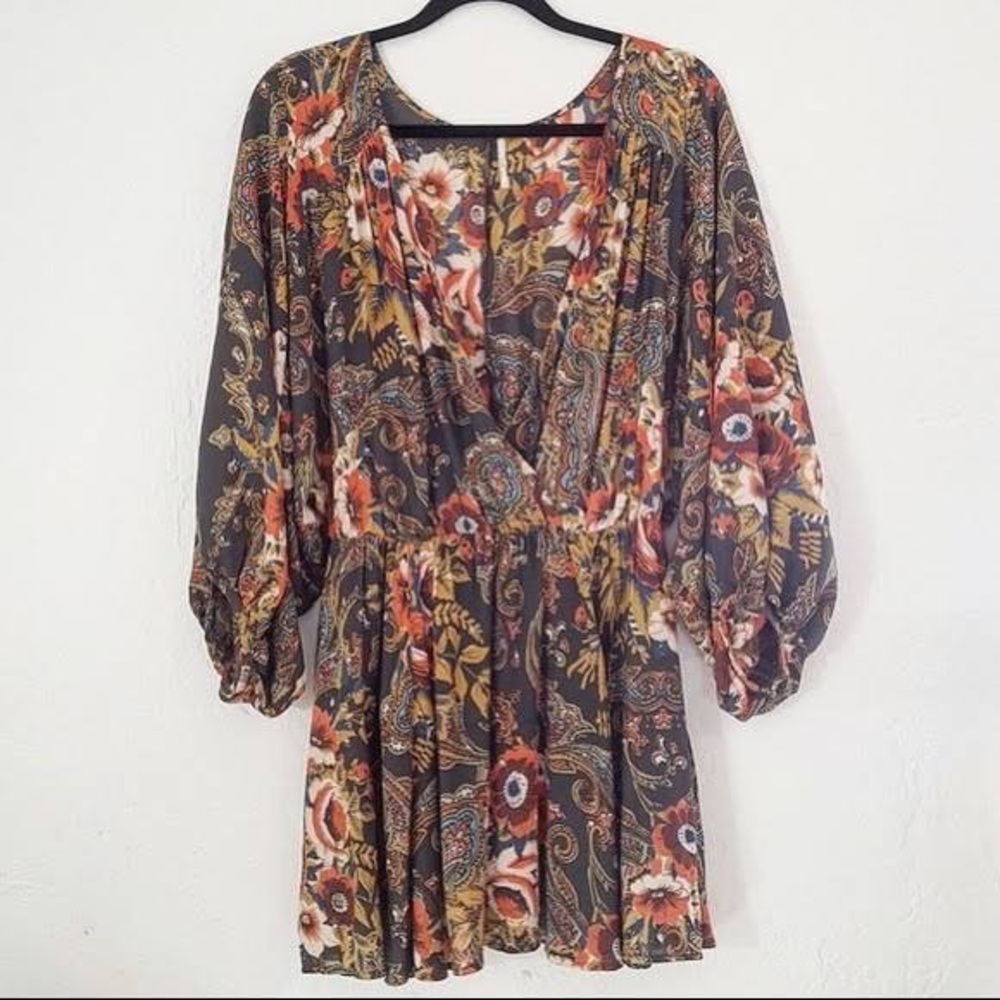Free People Balloon Sleeve Mini Dress Combo Floral Paisley Sz Medium